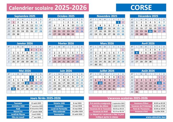 Calendrier scolaire 2025-2026 avec jours fériés pour la Corse à télécharger en pdf et à imprimer. Corse : Calendrier scolaire 2025-2026 avec les dates des vacances et des jours fériés