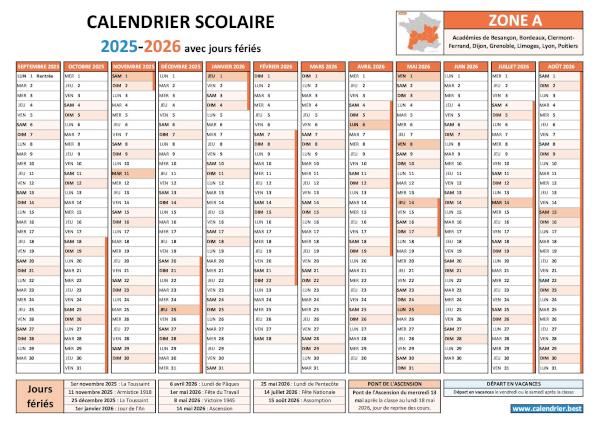 Calendrier scolaire 2025-2026 avec les vacances scolaires et les jours fériés pour la zone A à télécharger en PDF ou JPG et à imprimer Calendrier scolaire 2025-2026 avec les vacances scolaires et les jours fériés pour la zone A à télécharger et imprimer