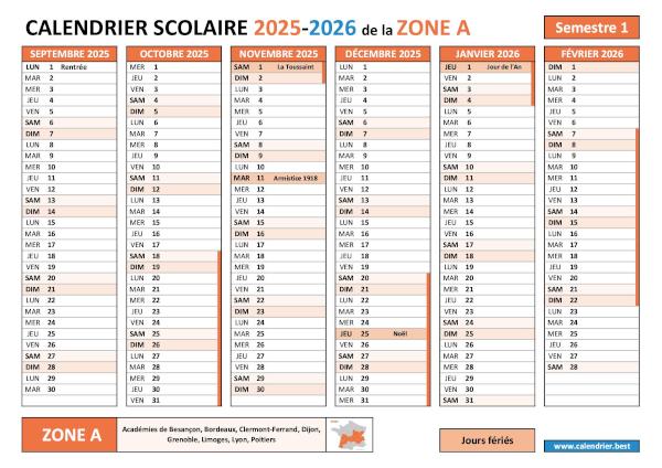 Calendrier scolaire 2025-2026 - Zone A - semestre 1 avec jours fériés à télécharger en PDF ou JPG et à imprimer Calendrier scolaire 2025-2026 semestre 1 avec les vacances scolaires et les jours fériés pour la zone A à télécharger et imprimer