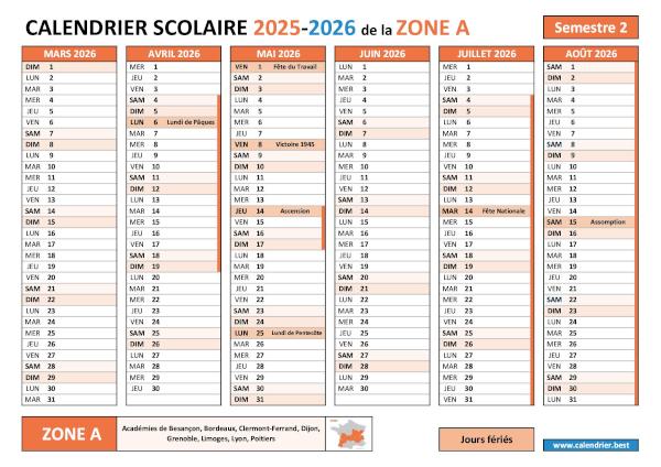 Calendrier scolaire 2025-2026 - Zone A - semestre 2 avec jours fériés à télécharger en PDF ou JPG et à imprimer Calendrier scolaire 2025-2026 semestre 2 avec les vacances scolaires et les jours fériés pour la zone A à télécharger et imprimer
