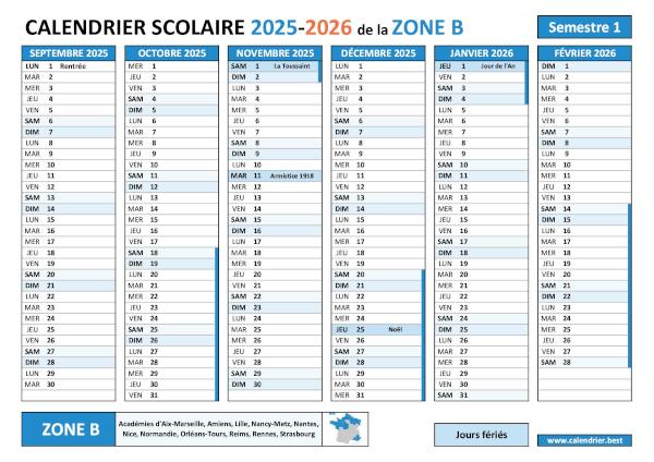 Calendrier scolaire 2025-2026 semestre 1 avec les vacances scolaires et les jours fériés pour la zone B à télécharger et imprimer
