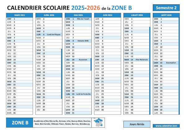 Calendrier scolaire 2025-2026 semestre 2 avec les vacances scolaires et les jours fériés pour la zone B à télécharger et imprimer