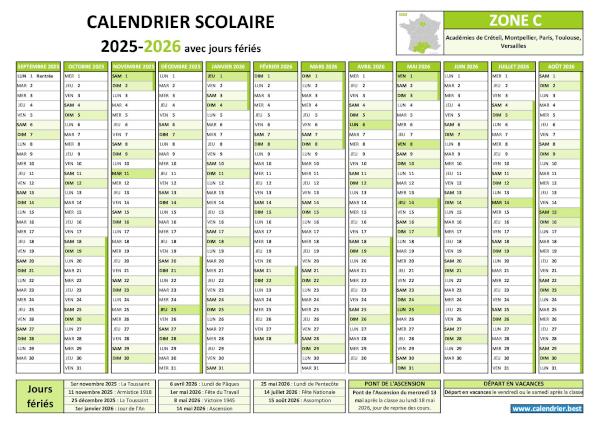 Calendrier scolaire 2025-2026 de la zone C avec vacances scolaires et jours fériés à télécharger et imprimer