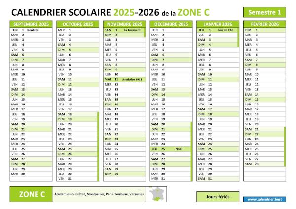 Calendrier scolaire 2025-2026 semestre 1 avec les vacances scolaires et les jours fériés pour la zone C à télécharger et imprimer