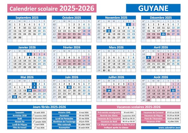 Calendrier scolaire 2025-2026 avec jours fériés pour la Guyane à télécharger en pdf et à imprimer. Guyane : Calendrier scolaire 2025-2026 avec les dates des vacances et des jours fériés