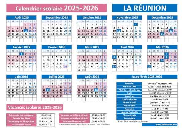 Calendrier scolaire 2025-2026 avec jours fériés pour La Réunion à télécharger en pdf et à imprimer. La Réunion : Calendrier scolaire 2025-2026 avec les dates des vacances et des jours fériés