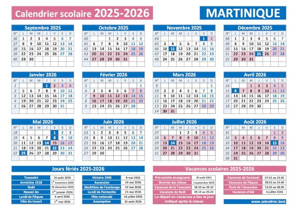 Calendrier scolaire 2025-2026 avec jours fériés pour la Martinique à télécharger en pdf et à imprimer. Martinique : Calendrier scolaire 2025-2026 avec les dates des vacances et des jours fériés