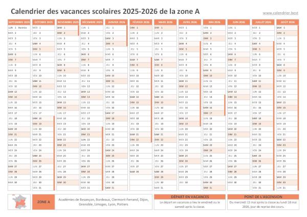 Calendrier scolaire 2025-2026 de la zone A à imprimer