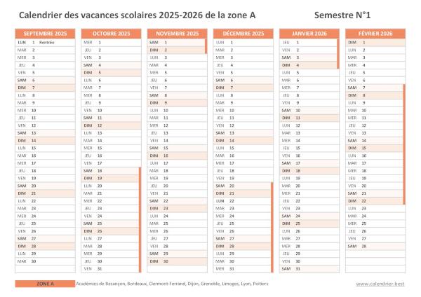 Calendrier scolaire 2025-2026 de la zone A à imprimer - Semestre N°1