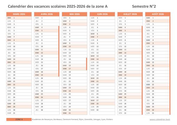Imprimer notre Calendrier scolaire 2025-2026 de la zone A - 2nd semestre - Mars 2026 à Août 2026. Calendrier scolaire 2025-2026 de la zone A à imprimer - Semestre N°2