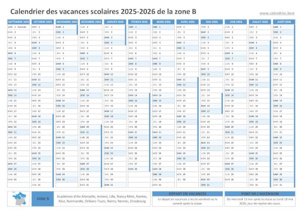 Calendrier scolaire 2025-2026 de la zone B à imprimer