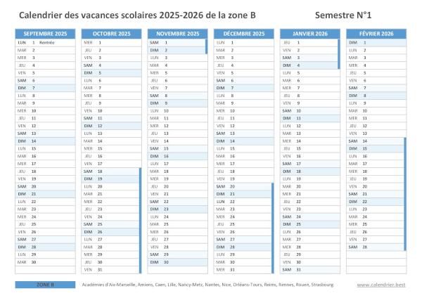 Calendrier scolaire 2025-2026 de la zone B - Semestre 1