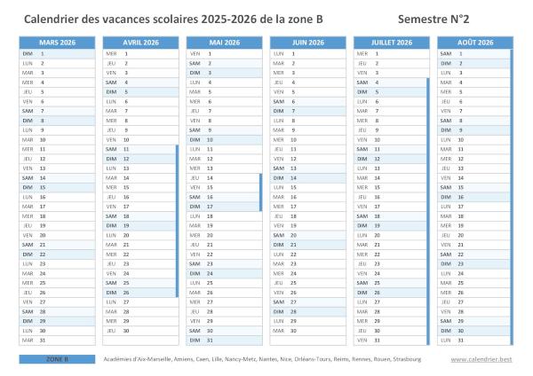 Calendrier scolaire 2025-2026 de la zone B à imprimer - Semestre N°2