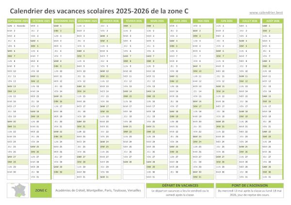 Vacances scolaires 2025-2026 zone C 