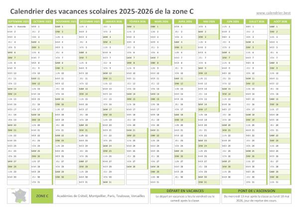 Calendrier scolaire 2025-2026 de la zone C à imprimer