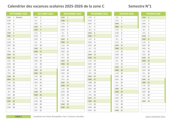 Calendrier scolaire 2025-2026 de la zone C - Semestre 1