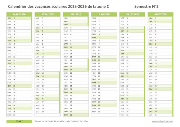 Calendrier scolaire 2025-2026 de la zone C à imprimer - Semestre N°2