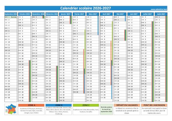 Calendrier scolaire 2026-2027 à imprimer