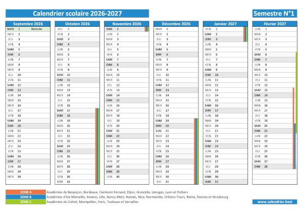 Calendrier scolaire 2026-2027 à imprimer - Semestre N°1