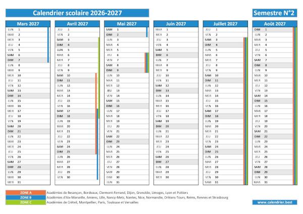 Calendrier scolaire 2026-2027 à imprimer - Semestre N°2