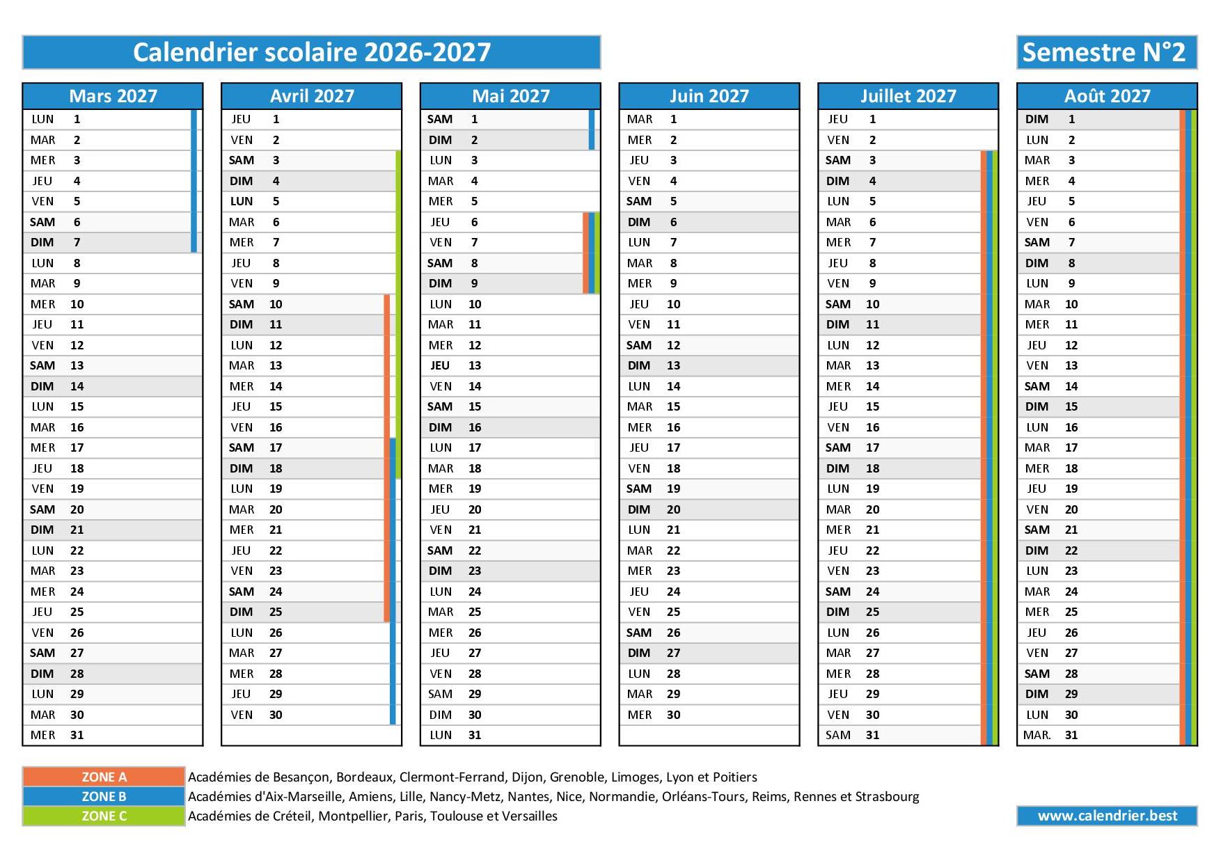 Calendrier Scolaire 2026 2027 Imprimer Et T l charger En PDF