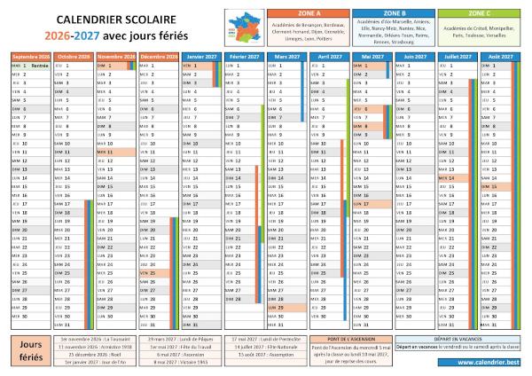 Calendrier scolaire 2026-2027 avec les vacances scolaires et les jours fériés pour les zones A, B et C à télécharger en PDF ou JPG et à imprimer Calendrier scolaire 2026-2027 avec les vacances scolaires et les jours fériés pour les zones A, B et C à télécharger et imprimer