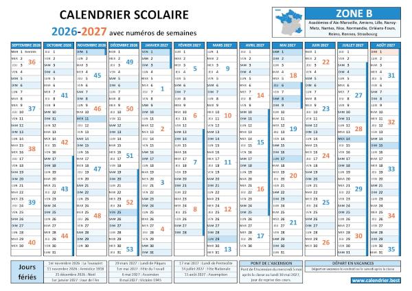 Calendrier scolaire 2026-2027 pour la zone B avec numéro de semaine, vacances et jours fériés à télécharger et imprimer