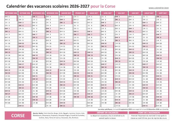 Calendrier scolaire 2026-2027 de la Corse avec vacances scolaires, et journées spécifiques à télécharger et imprimer