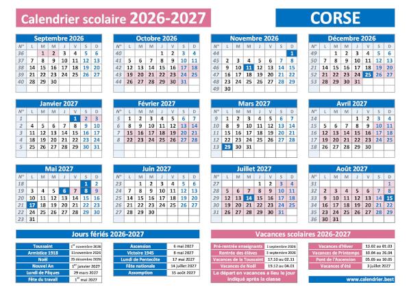 Calendrier scolaire 2026-2027 de la Corse avec vacances scolaires, jours fériés et journées spécifiques à télécharger et imprimer