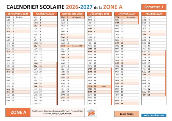 Calendrier scolaire 2026-2027 semestre 1 avec les vacances scolaires et les jours fériés pour la zone A à télécharger et imprimer