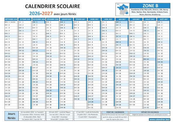 Calendrier scolaire 2026-2027 avec les vacances scolaires et les jours fériés pour la zone B à télécharger et imprimer