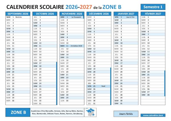 Calendrier scolaire 2026-2027 semestre 1 avec les vacances scolaires et les jours fériés pour la zone B à télécharger et imprimer