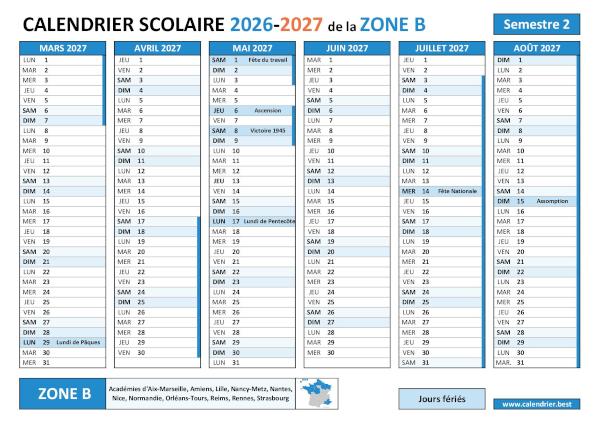 Calendrier scolaire 2026-2027 semestre 2 avec les vacances scolaires et les jours fériés pour la zone B à télécharger et imprimer