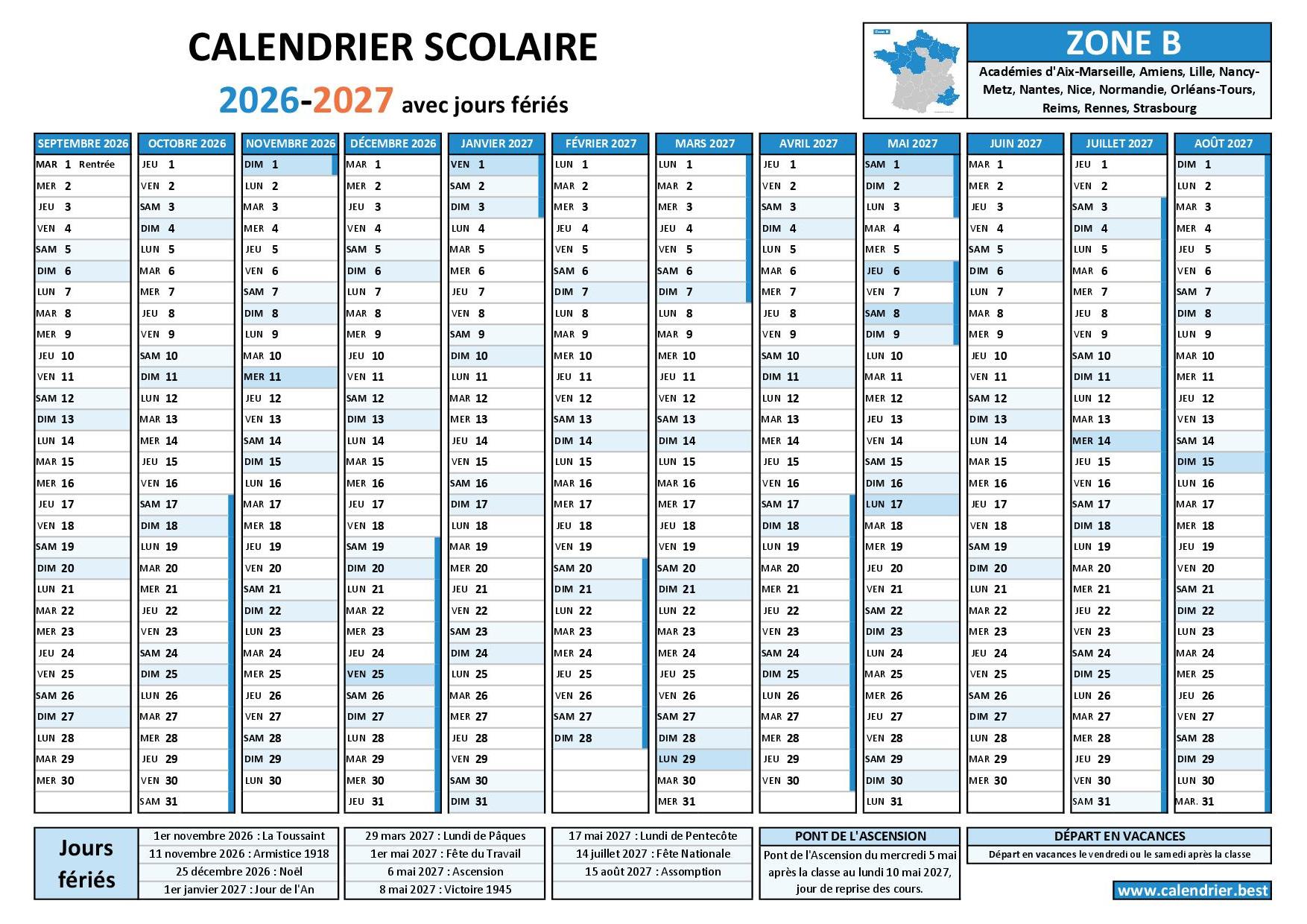 Calendrier Scolaire 2026 2027 Imprimer Et T l charger En PDF