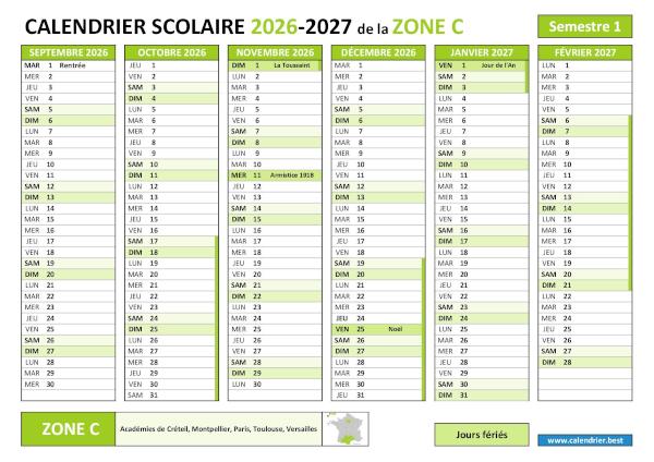 Calendrier scolaire 2026-2027 semestre 1 avec les vacances scolaires et les jours fériés pour la zone C à télécharger et imprimer