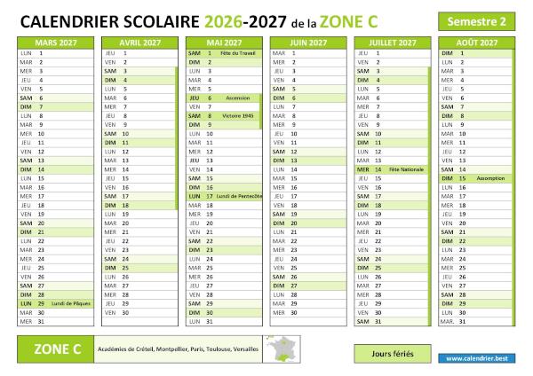 Calendrier scolaire 2026-2027 semestre 2 avec les vacances scolaires et les jours fériés pour la zone C à télécharger et imprimer