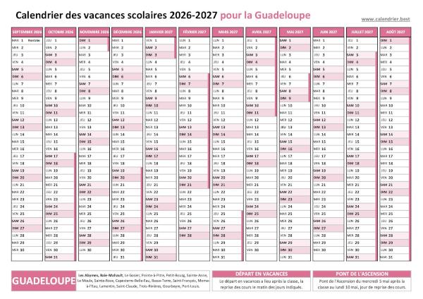 Calendrier des vacances scolaires 2026-2027 de la Guadeloupe à télécharger et imprimer