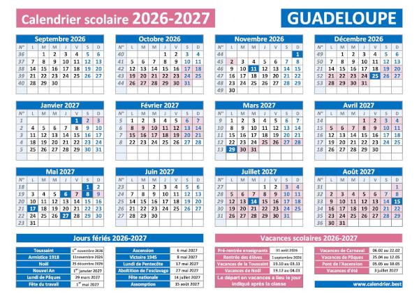 Calendrier scolaire 2026-2027 de la Guadeloupe avec vacances scolaires et jours fériés à télécharger et imprimer