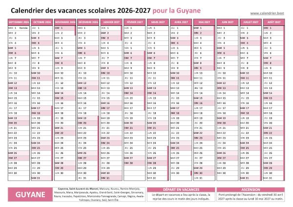 Calendrier des vacances scolaires 2026-2027 de la Guyane à télécharger et imprimer