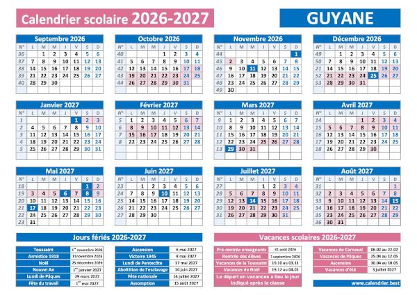 Calendrier scolaire 2026-2027 de la Guyane avec vacances scolaires et jours fériés à télécharger et imprimer