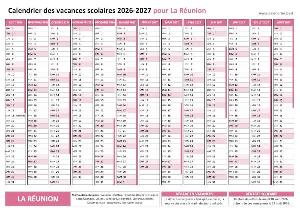 Calendrier des vacances scolaires 2026-2027 de La Réunion à télécharger et imprimer