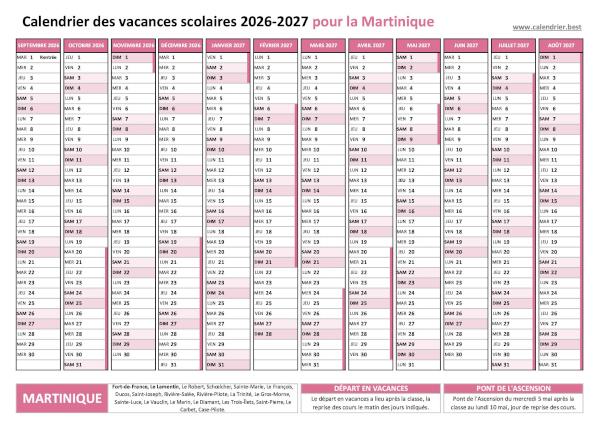 Calendrier des vacances scolaires 2026-2027 de la Martinique à télécharger et imprimer