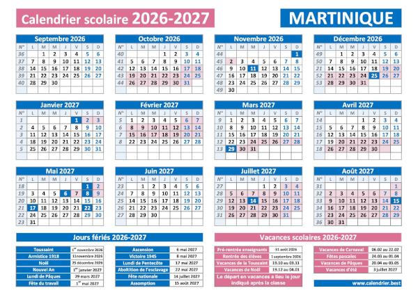 Calendrier scolaire 2026-2027 de la Martinique avec vacances scolaires et jours fériés à télécharger et imprimer