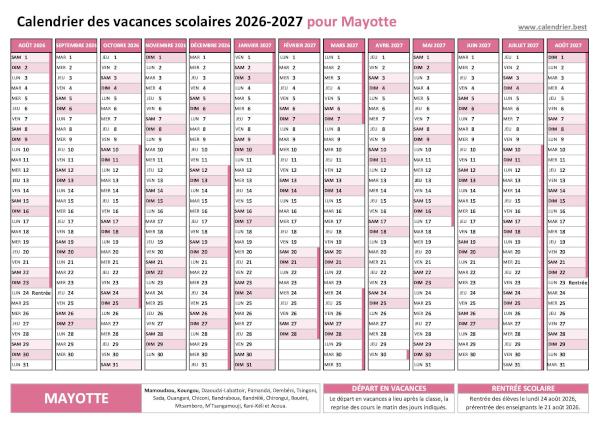 Calendrier des vacances scolaires 2026-2027 de Mayotte à télécharger et imprimer