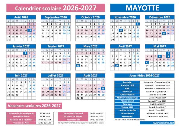Calendrier scolaire 2026-2027 de Mayotte avec vacances scolaires et jours fériés à télécharger et imprimer