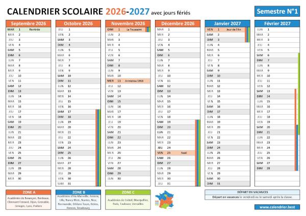 Calendrier scolaire 2026-2027 pour le 1er semestre avec les vacances scolaires et les jours fériés pour les zones A, B et C à télécharger et imprimer