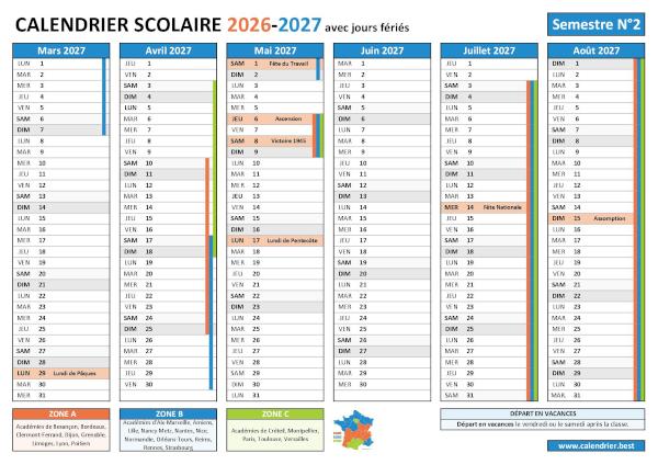 Calendrier scolaire 2026-2027 pour le 2nd semestre avec les vacances scolaires et les jours fériés pour les zones A, B et C à télécharger et imprimer