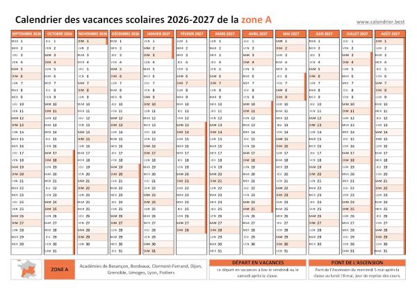 Vacances scolaires 2026-2027 zone A 