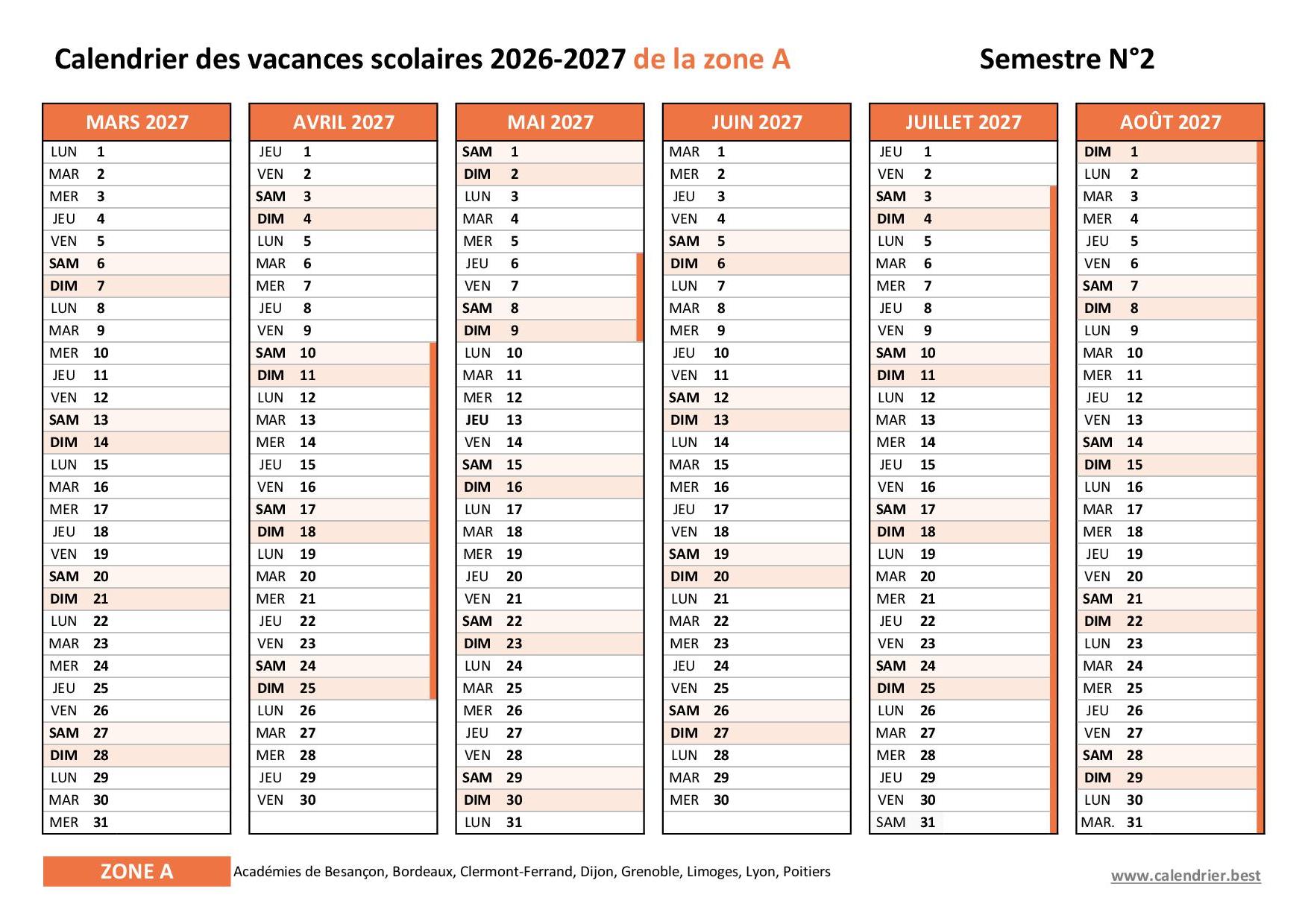 Calendrier scolaire 2026-2027 de la zone A - Semestre 2