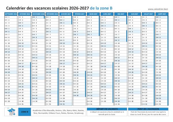 Vacances scolaires 2026-2027 zone B 